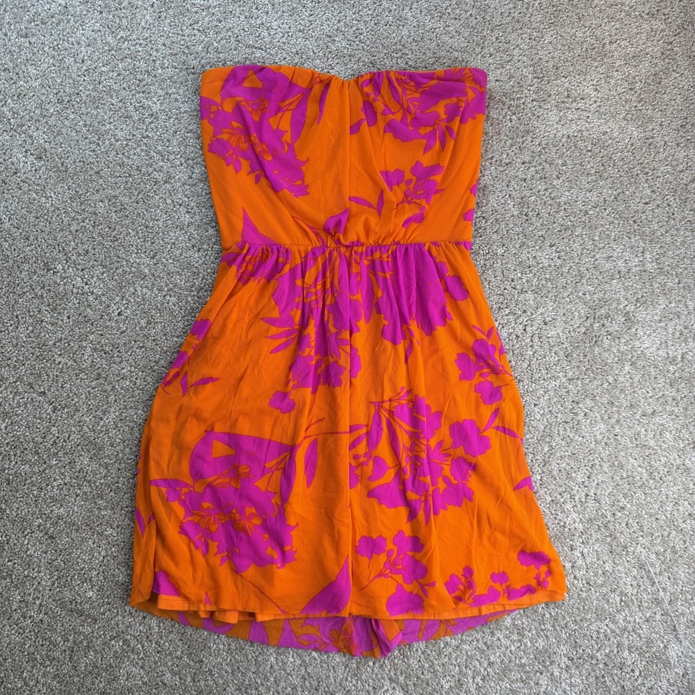 Express Dress Womens S Orange Pink Floral Strapless Short Sundress Casual Party
